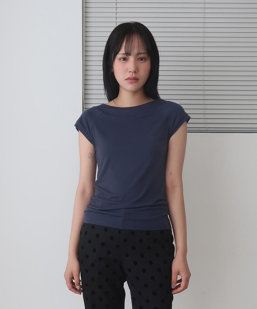 MA JOURNEE Boat Neck Cap Sleeve T-Shirt_Navy