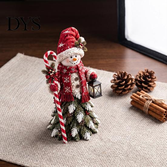 Christmas Ornament Gifts Snowman Figurine, Resin Tabletop Decoration with Hat Scarf Pine Scene Accessories Branches, Holiday Winter Decor for