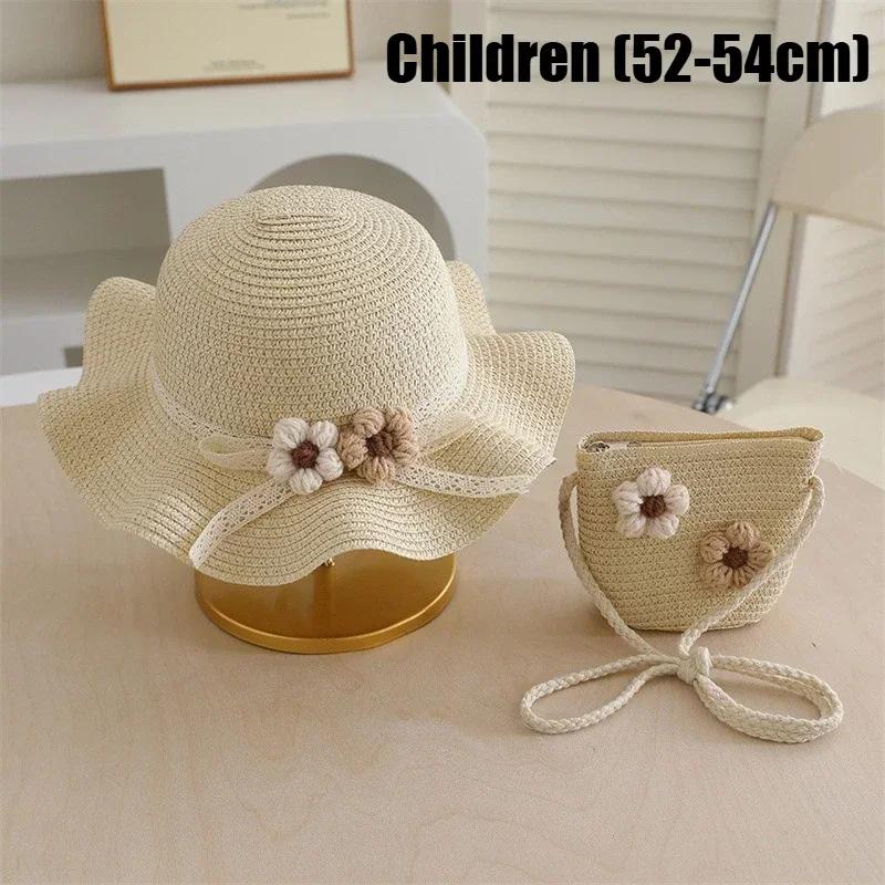 Summer Straw Hat and Bag Set for Girls 3D Flower Lace Bow Wide Brim Fisherman Cap and Crossbody Bag Cute Children's Sun Hat
