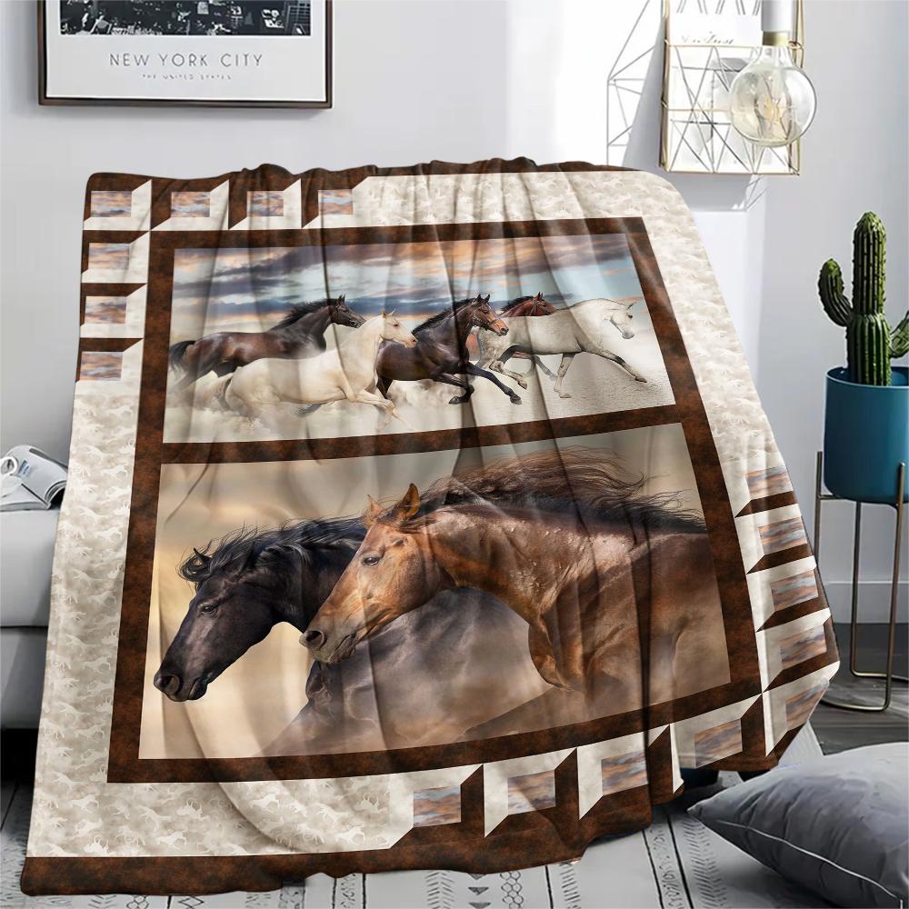 1Pc Horse Puzzle Print Flannel Blanket, High quality Comfortable for All Seasons, Home Decor, Warmth and Comfort, Perfect for Christmas Gifts