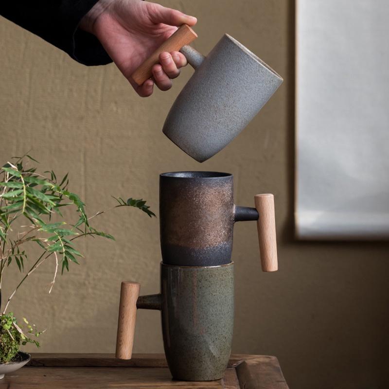 350ml Ceramic Mug Vintage Wooden Handle Handmade Japanese Style Office Coffee Cup
