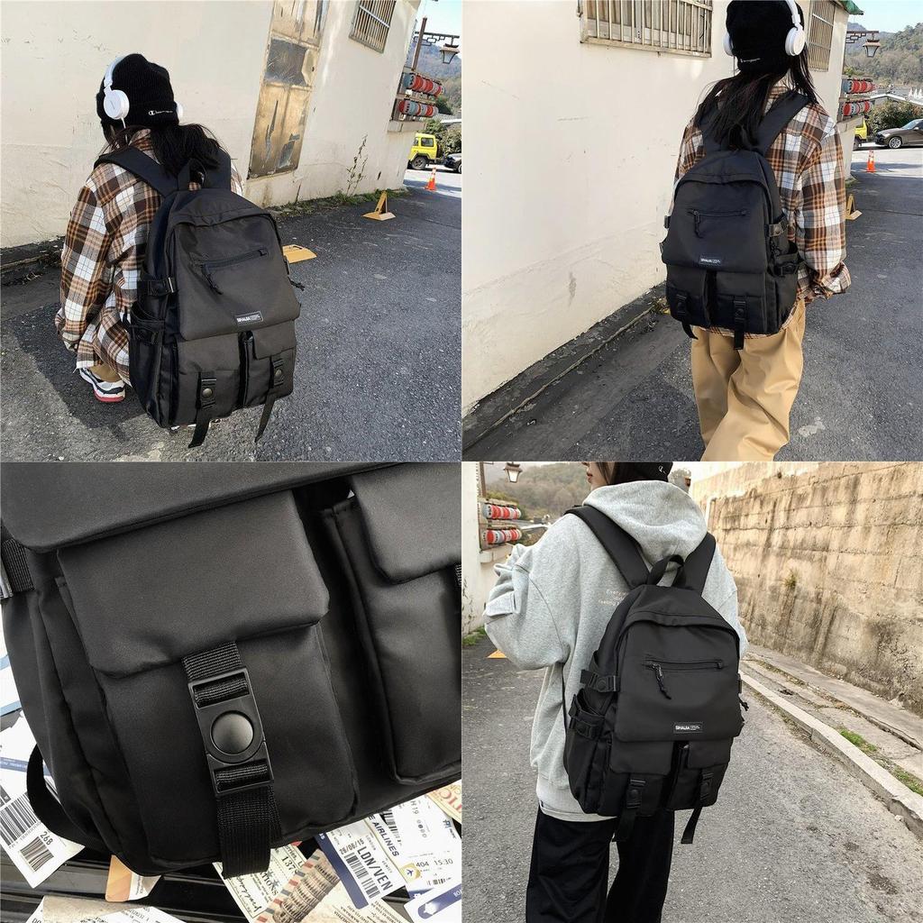 Korean Ins Harajuku Street Style Fashionable Black Backpack Waterproof Unisex 19-inch Size