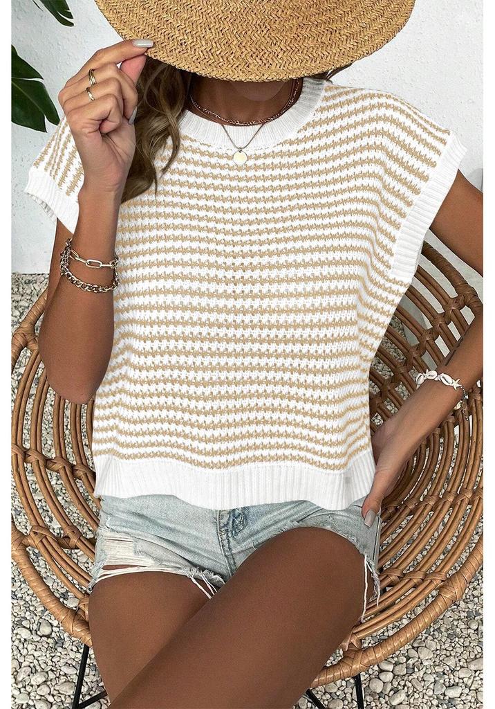 European New Fashion Striped Knitwear: Casual Color Block Batwing Sleeve Round Neck Sweater (2025)