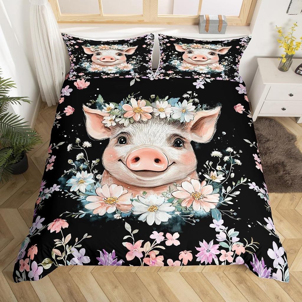 Adorable Lovely Couple Pig Soft Duvet Cover Twin King, Roses Daisy Floral Valentine's Romantic Beding Set,Carton Animal Rustic Warm Comforter Cover