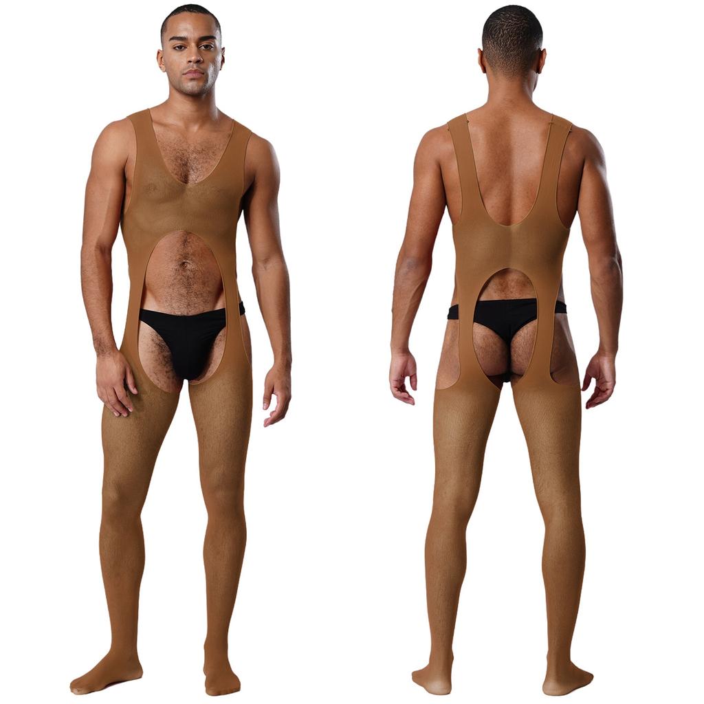 Mens See Through Sheer Jumpsuit Sleeveless Hollow Out Opening Crotch Bodysuit