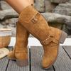 Fashion Western Retro Buckle Cowboy Boots for Women Faux Suede Hollow Out Riding Boots Woman Spring Autumn Square Heels Mid Calf Botas