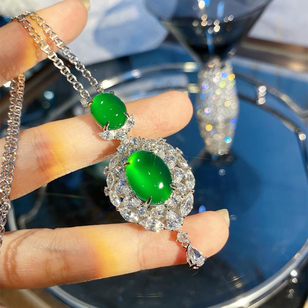 Elegant High Ice Green Chalcedony Necklace with Double Emerald Pendant and Full Zirconia Inlay