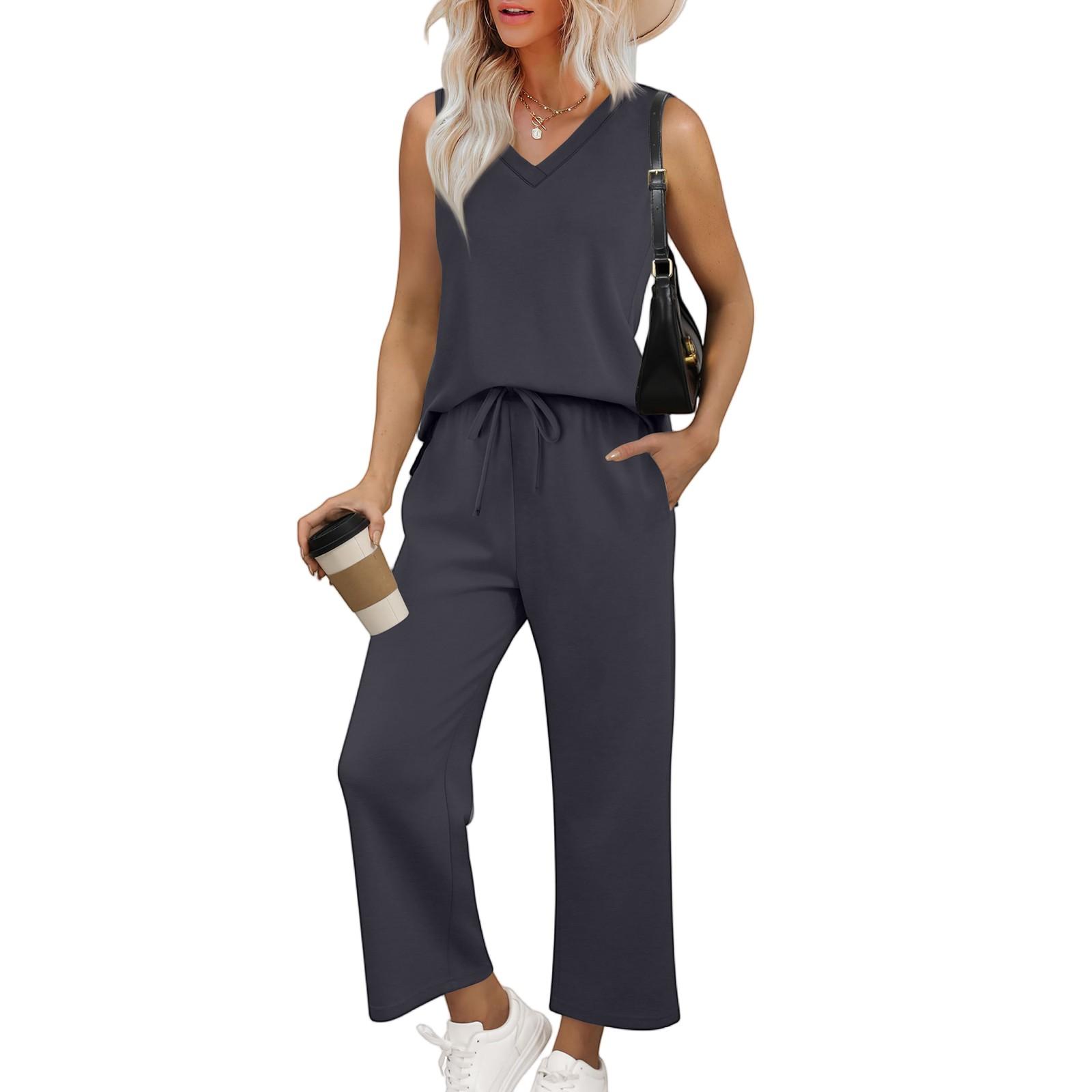 

Женский повседневный модный комплект из свободных широких брюк без рукавов с V-образным вырезом XL тёмно-синий