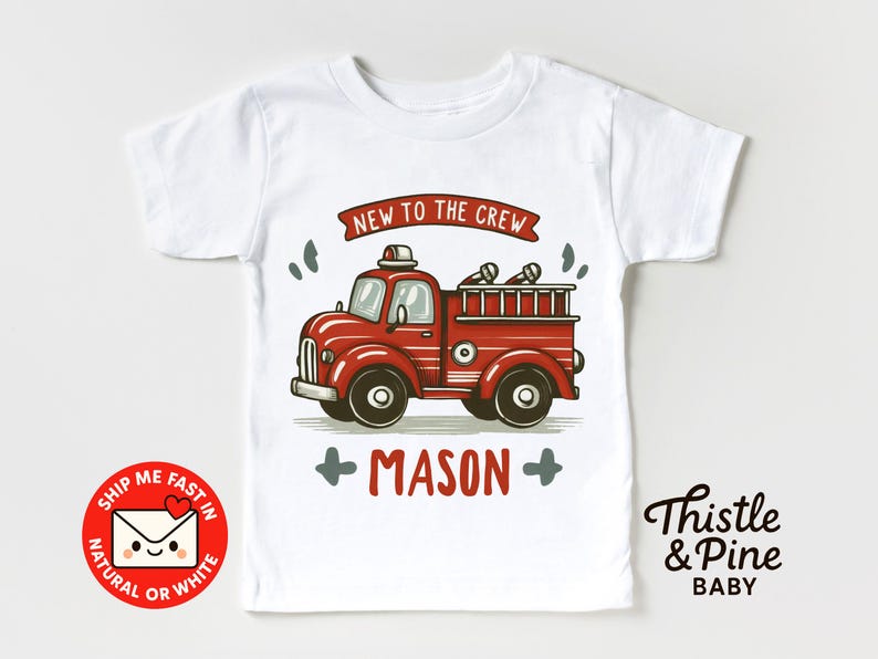 New to the Crew Firetruck Toddler Tee - Personalized Firefighter Kids Outfit - Baby Shower Gift 140