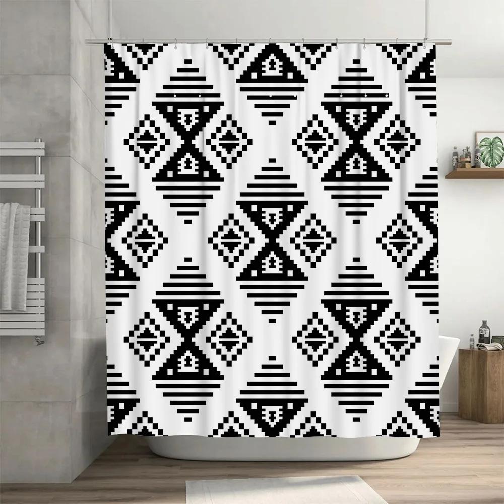 Modern Geometric Black White Shower Curtain Waterproof Home Decor Customizable Size Available In Various Colors.