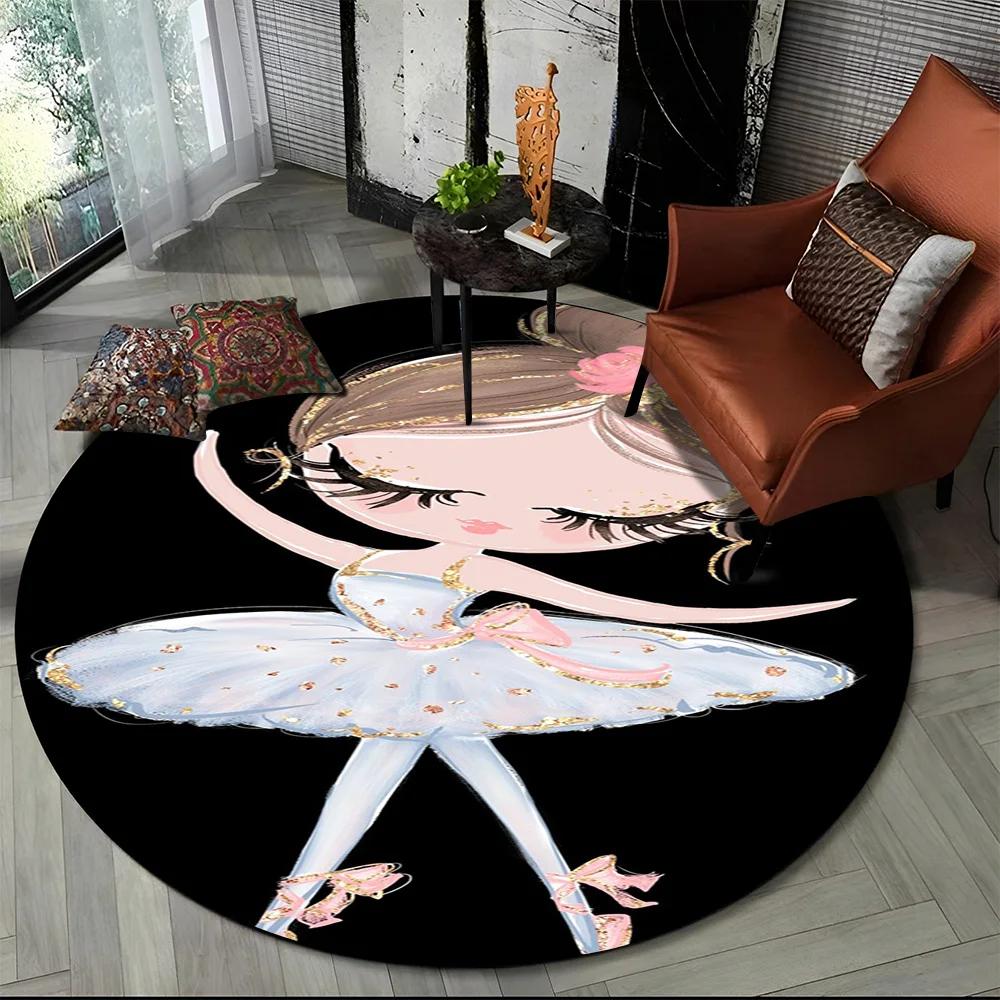 Cartoon Ballet Girl Round Carpet Fairy Ballerina Unicorn Rug for Living Room Bedroom Child Room Decor Doormat Non-slip Floor Mat