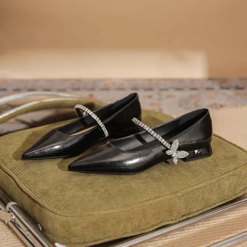 Fashion New Elegant Dress Shoes Female 2025 Mary Janes Women's High Heel Crystal Butterfly Pumps Women Pointed Toe Low Heel Shoes Women