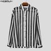INCERUN Men Long Sleeve Lapel Neck Hollow Out Striped Print Casual Oversized Shirts Tops