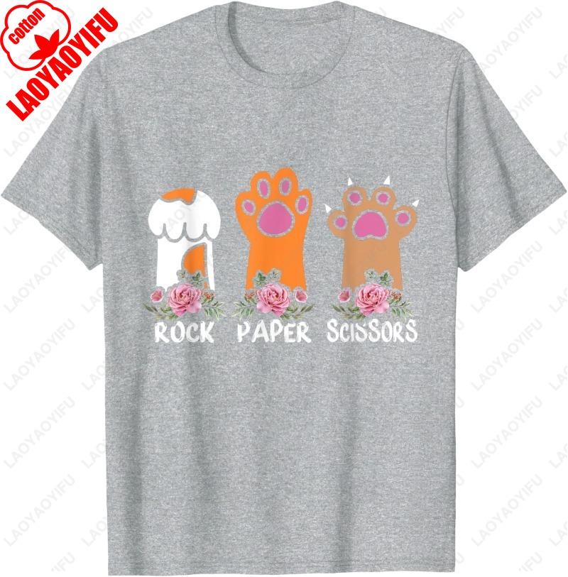 Rock Paper Scissors Hand Game Meme Animal Paw Flower Cat Men Women Cotton TShirt Trend Cute Meowy Oneck Printed Unisex Tops
