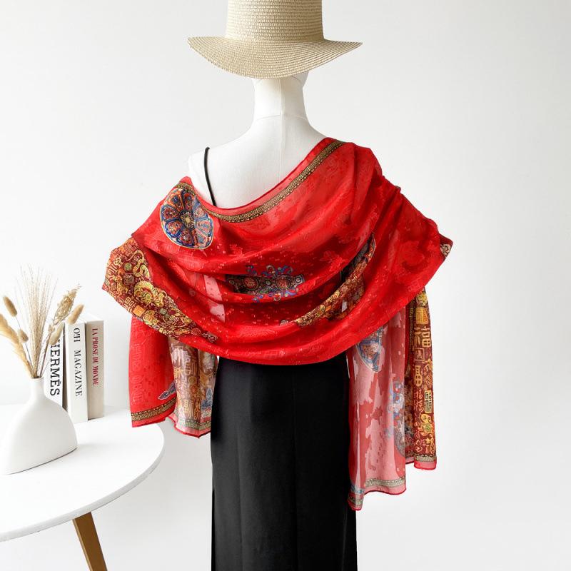 National Style and National Trend Green Hollow Flower-cutting Dinner Shawl for Women New Craft Printed Silk Scarf High-end Wedding Scarf