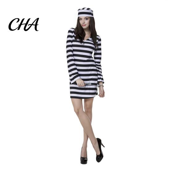 Halloween Cosplay Apparel Prisoner Costume for Adult, Women Striped Mini Dress, Men Top with Cuffs Pants, Dress-Up Jail Inmate Uniform Hat &