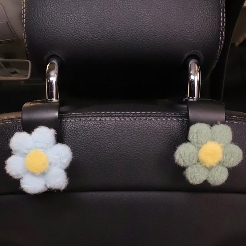 2PCS Cute Plush Flowers Car Seat Back Hooks Storage Vehicle Headrest Organizer Hanger for Groceries Bag Handbag Car Accessories