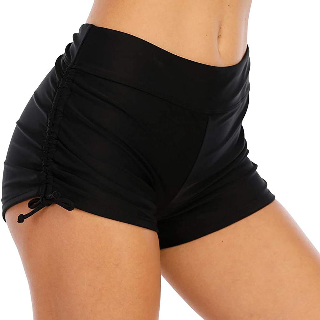 Women's Solid Color Bottom Up Light Proof  Motion Yoga Drawstring Swimming Trunk