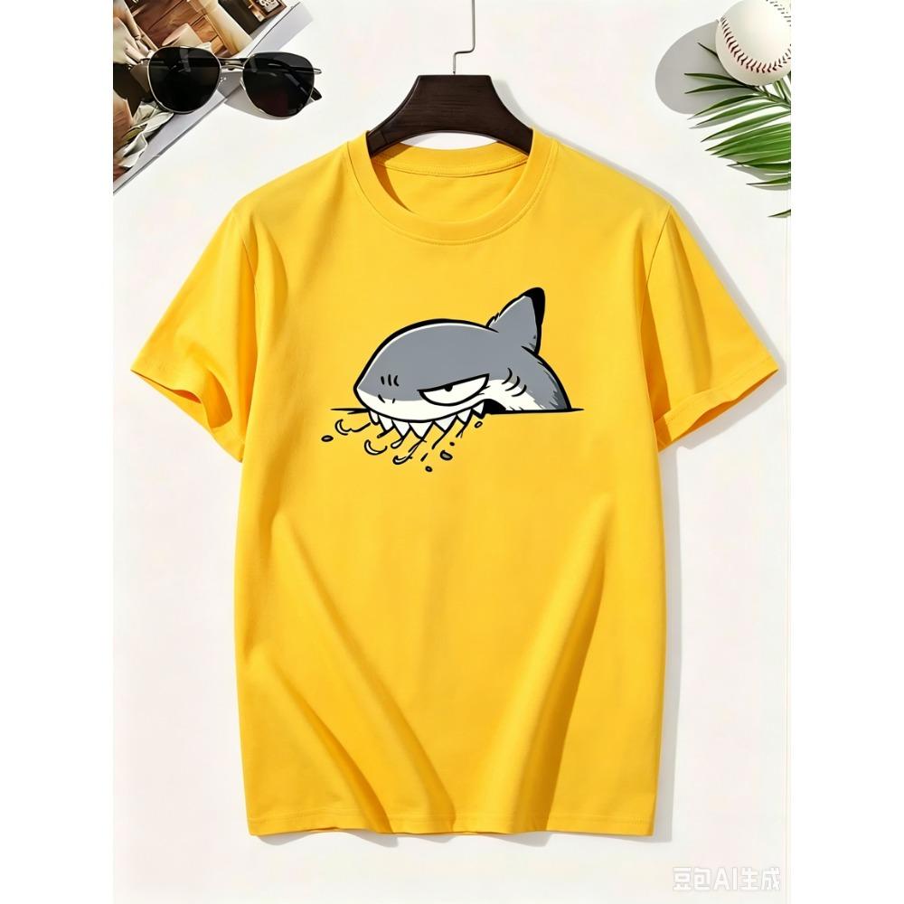 2026 Cartoon Shark Gray Fang Watermark Pure Cotton Boy's T‑shirt Creative Lightweight Comfortable Short Sleeved Kids T‑shirt