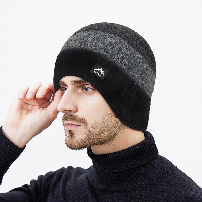 Winter Wool Warm Color-Matching Ear Protection Knitted Hat Men's Outdoor Cold-Proof Velvet Neck Set Two-Piece Wool Hat