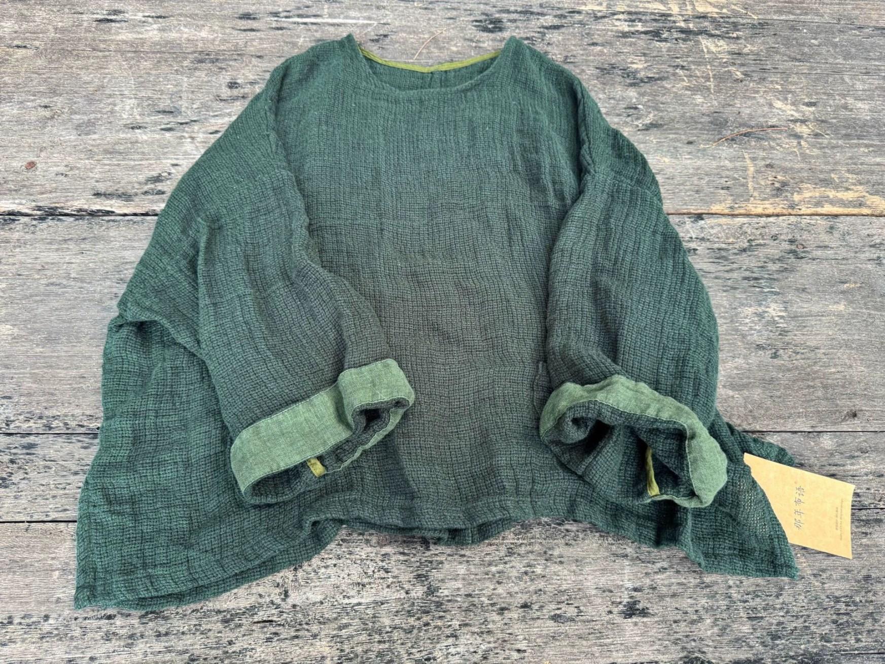 

Johnature Women Vintage Pullover O-Neck Long Sleeve Autumn Loose Patchwork Pockets Female Shirts L темно-зелений колір