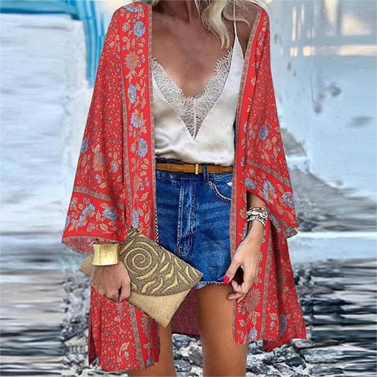 Women Cardigan Floral Print Batwing Sleeve Summer Bohemian Sun Protection Long Blouse for Daily Wear