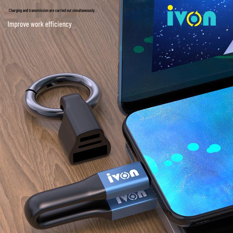 Portable 3-in-1 Keychain Charger: Short Fast Charging Cable for Apple, Android, Type-C Phones.