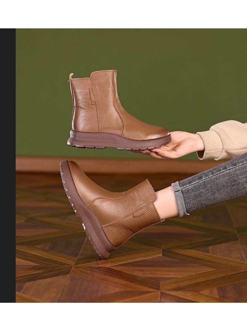 Women's Thick Sole Genuine Leather Martin Boots - Wool-Lined for Autumn/Winter