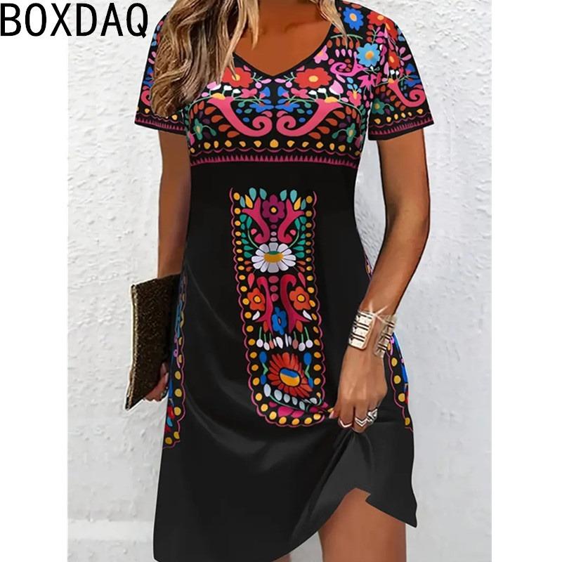Damen Sommerkleid Kurzarm V-Ausschnitt Lässig 3D Vintage Blumen Print Elegantes A-Linien-Kleid