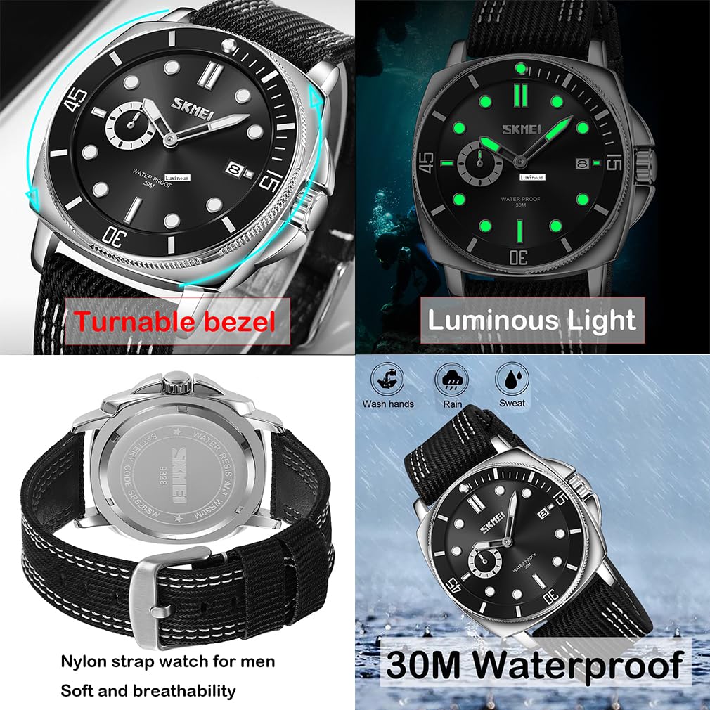 Watch for Sports Black Arm Watch Stylish Brand Nylon Strap Watch Waterproof Large Casual Business Analog Fluorescent Luxury Present Black Watch for