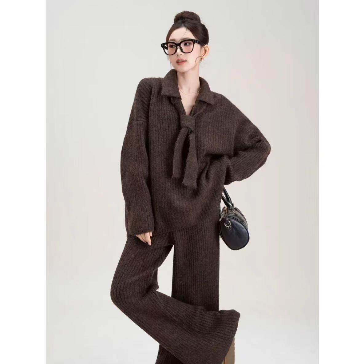 

Женский уютный однотонный свитер и вязаные брюки для осени/зимы M (100-120 lbs)