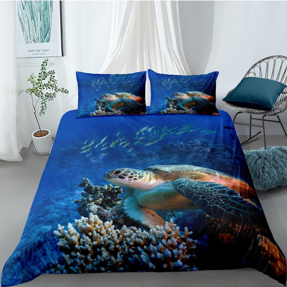 Ocean Duvet Cover Set Queen Double Size Polyester Ocean Animals Fishes Tortoise And Rainbow Color Coral Printed Comforter Cover