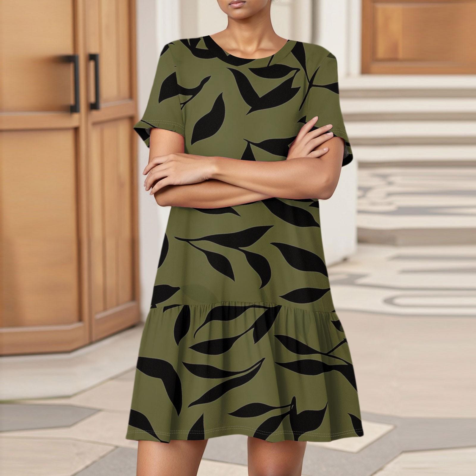 

Women s Fashion Casual Round Neck Short Sleeve Leaf Floral Print Dress L армия зеленый