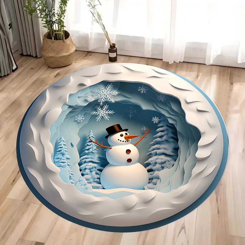 3D Winter Snowman Christmas Carpet Christmas Living Room Decoration Christmas Tree Elk Snowman Round Rugs