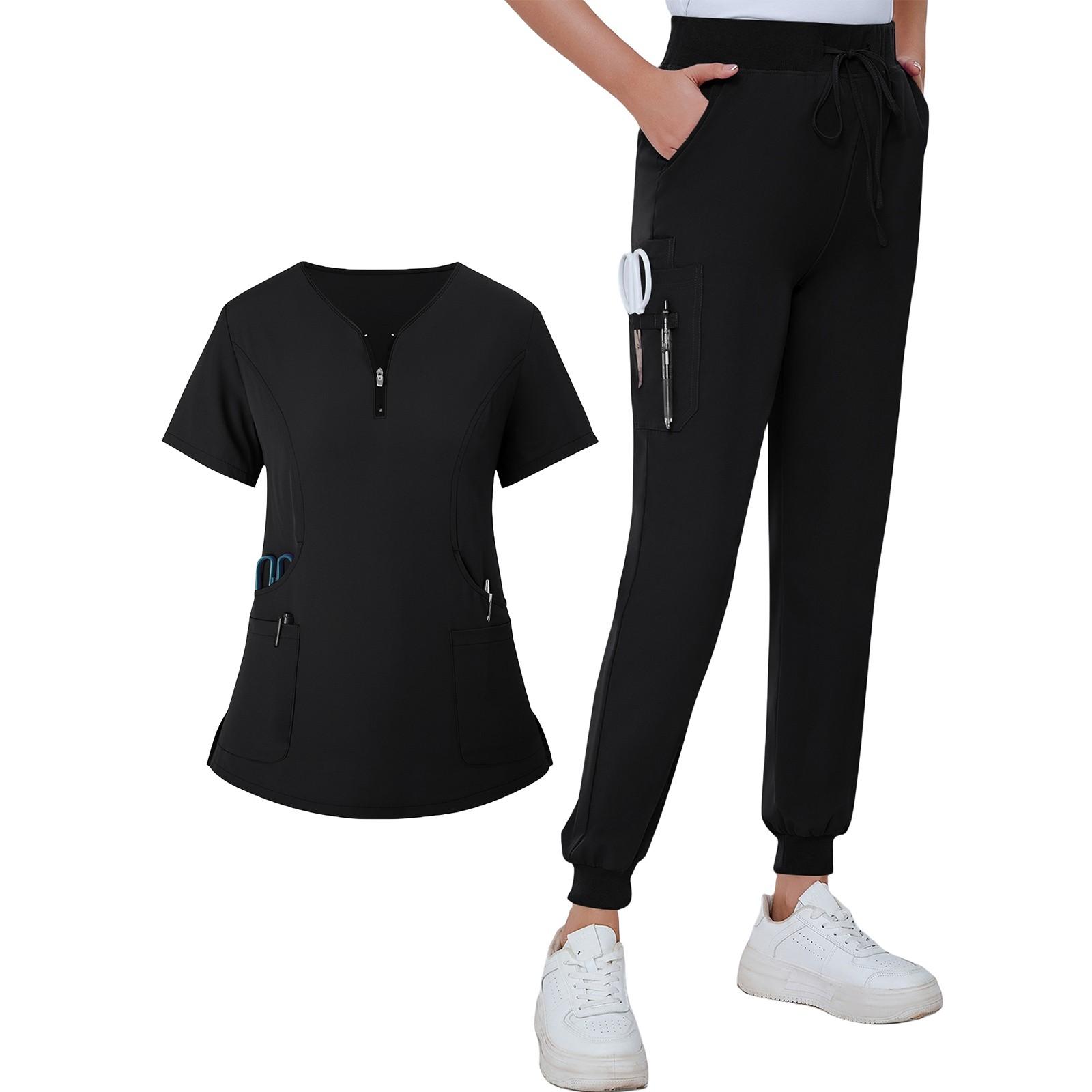 Женская летняя свободная униформа с V-образным вырезом на молнии с карманами и короткими — фото 10