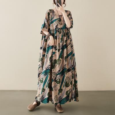 Summer Art Retro Loose Fit Plus Fat Plus Short Sleeved Dress for Women
