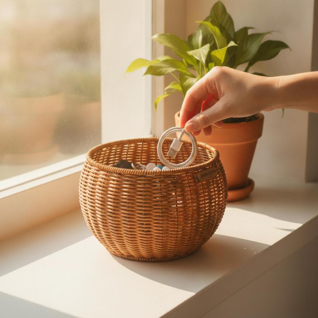 Tea-Brown Woven Organizer Tabletop Round Belly-Shaped Basket Rustic