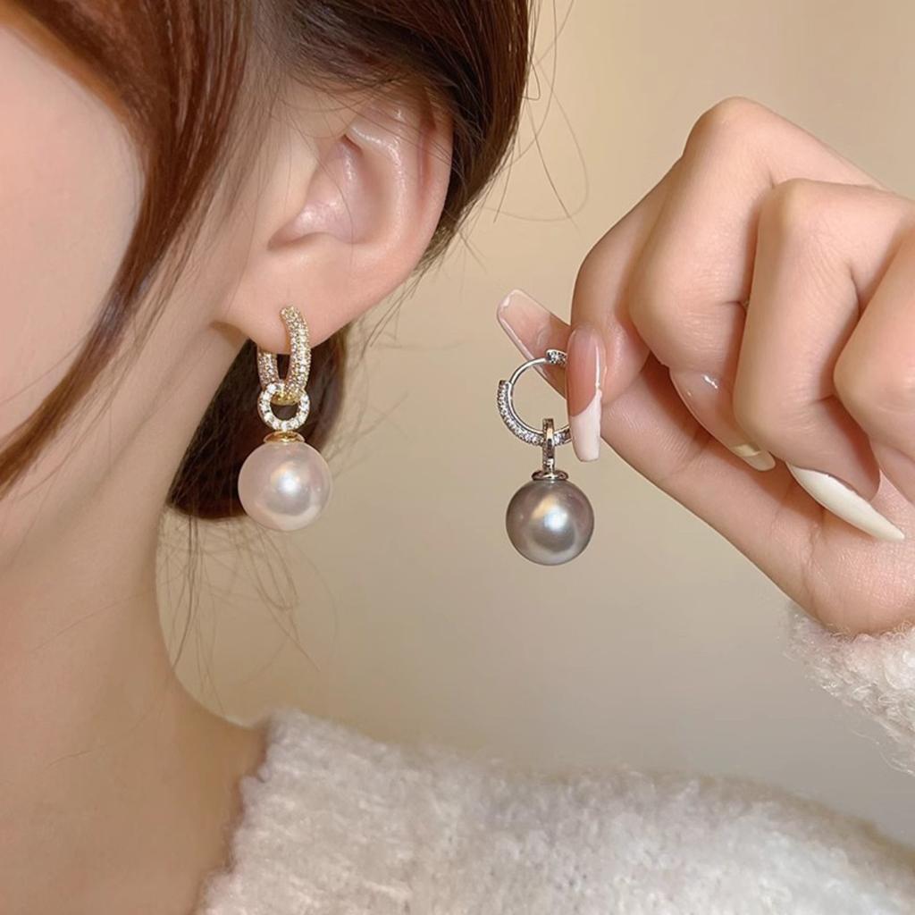 Elegant Paved Zircon Hoop Earrings with Pearl Dangle