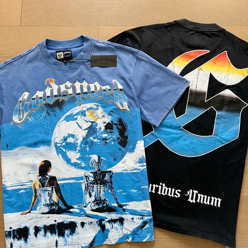 Godspeed retro printing foreign trade beauty tide high street men and women casual trend hip hop apricot old short sleeve T-shirt