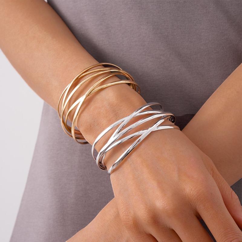 Stainless Steel Multi Layer Crossing Bangles for Women Girls Open Adjustable Arm Cuff Bracelets Special Design Jewelry Gifts