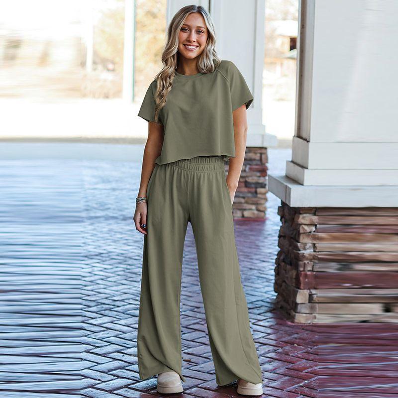 2024 Spring New Arrival Pure Color Casual Fashion Set Women Simple European and American Style Loose Short Sleeve Pants Two-piece Set Women