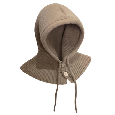 Hooded Scarf Hat Solid Color Adjustable Drawstring Pullover Hat Buttons Closure Knitted Winter Hat Loose Fit Neck Gaiter