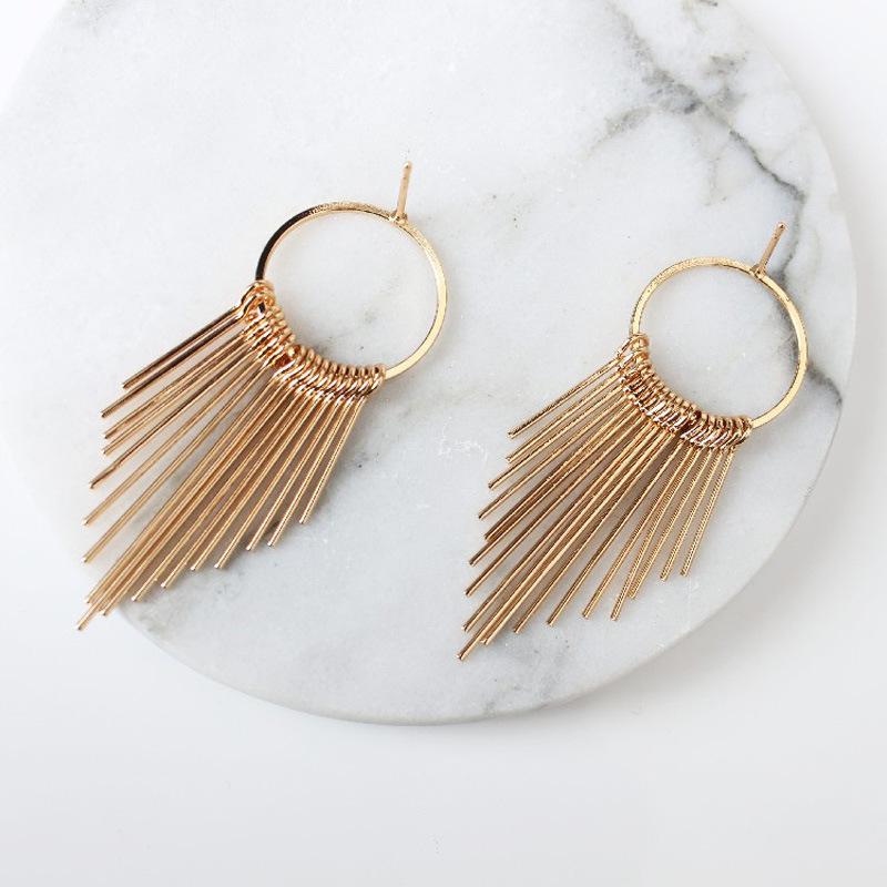 

Мода, Металлические кисточки Простые длинные ретро преувеличенные геометрические серьги-гвоздики, Геометрические серьги-кисточки золотой