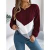 Women's Autumn/Winter Sweatshirt-Style Casual Colour-Block Cable-Knit Bell-Sleeve Pullover Loose-Fit Knitted Top for Ladies