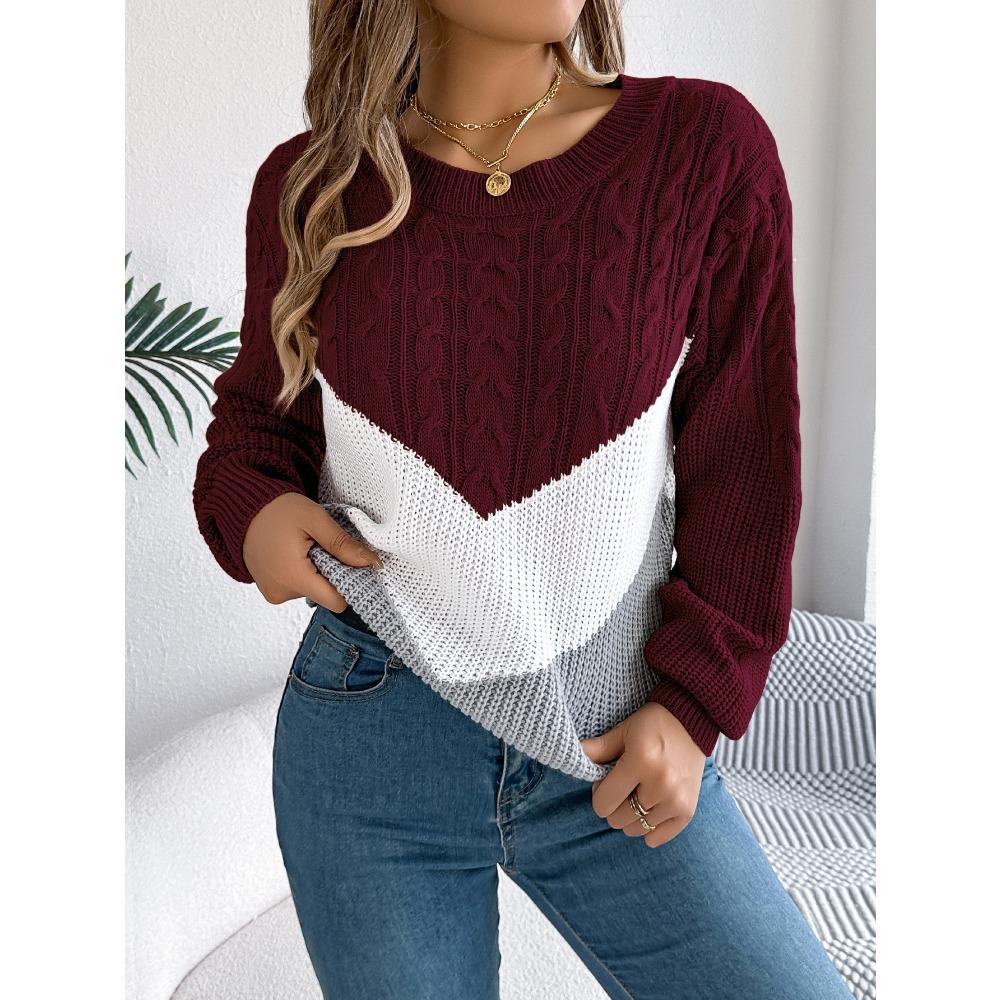 Women's Autumn/Winter Sweatshirt-Style Casual Colour-Block Cable-Knit Bell-Sleeve Pullover Loose-Fit Knitted Top for Ladies