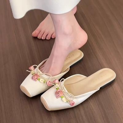 Papuci Baotou de Damă Noi 2024, Papuci Mules cu Toc Gros și Vârf Pătrat pentru Exterior, Talpă Plată Zapatos Mujer Vară