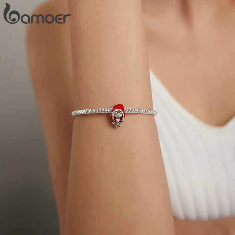 bamoer 925 Silver Fairy Tale Charm Little Red Riding Hood Forest Love Candle House Wolf Charm for Bracelet DIY