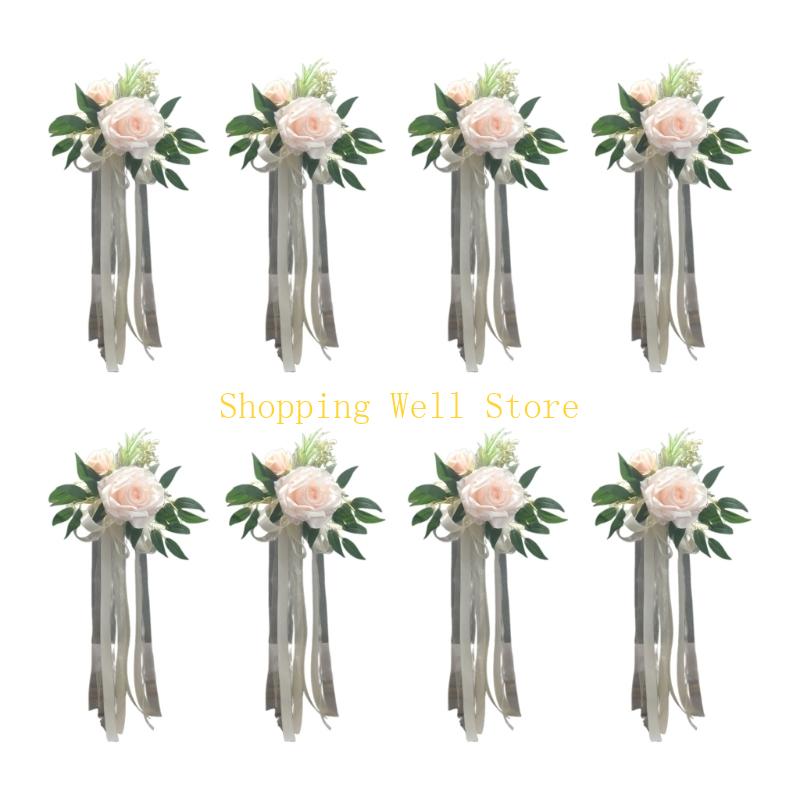 KX4B 6Pcs Wedding Chair Florals Decoration for Aisle Artificial Flower Arrangement Accessories Elegant Pews Embellishments