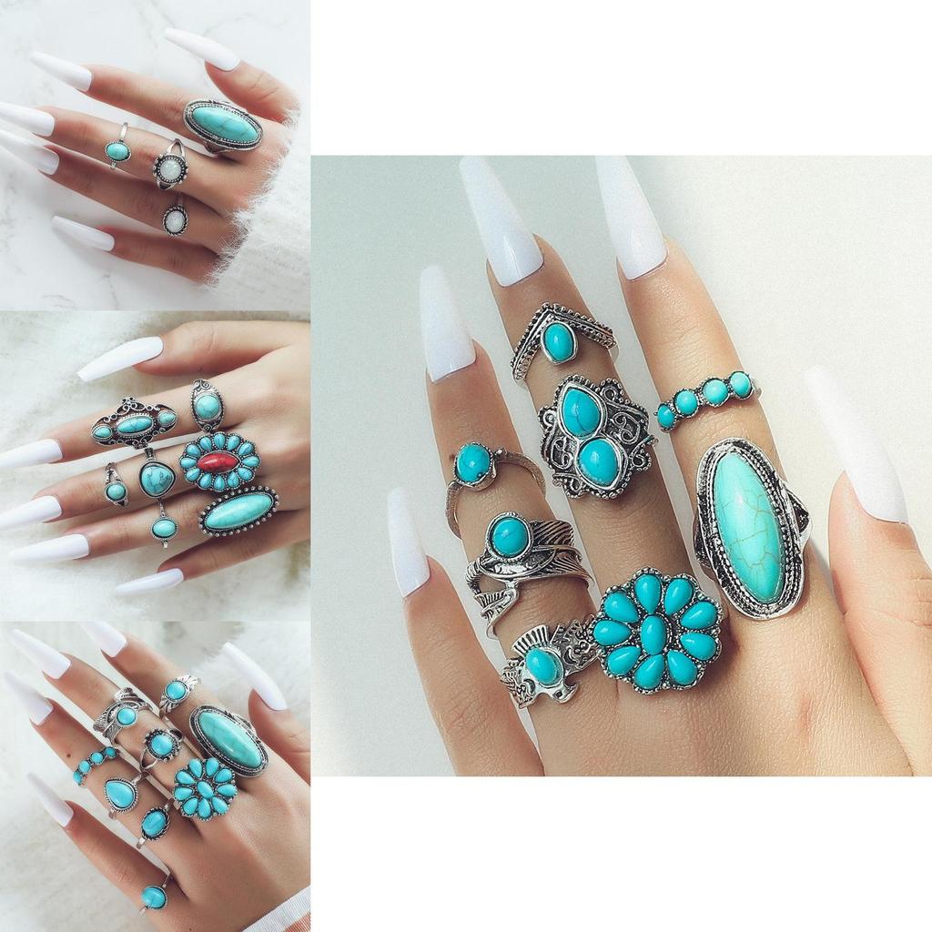 Exquisite Bohemian Leaf Rings With Turquoise Carvings Stylish And Charming 8-piece Ring Set