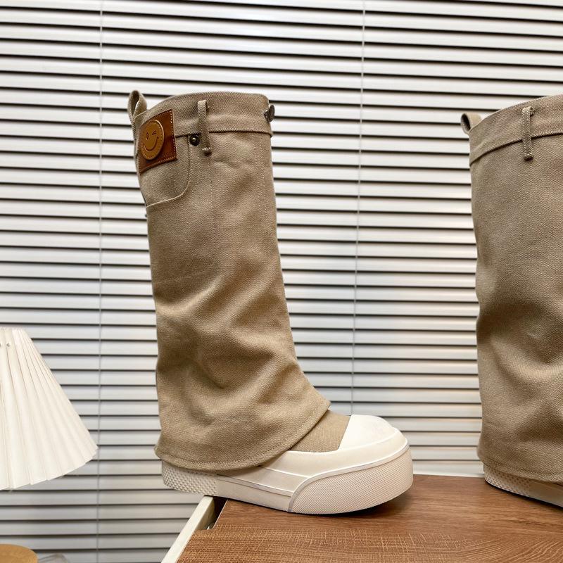 

Ботинки на толстой подошве, ботинки-локомотивы, женские летне-осенние 2025 новые ботинки-брюки, западные ковбойские с тканевым покрытием стопы, модные короткие ботинки 40 хаки